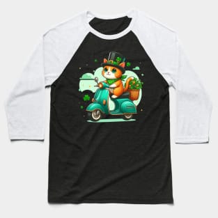 Celebrate St Patricks Day Day with a cute and colorful Cat on a Motorcycle design Baseball T-Shirt